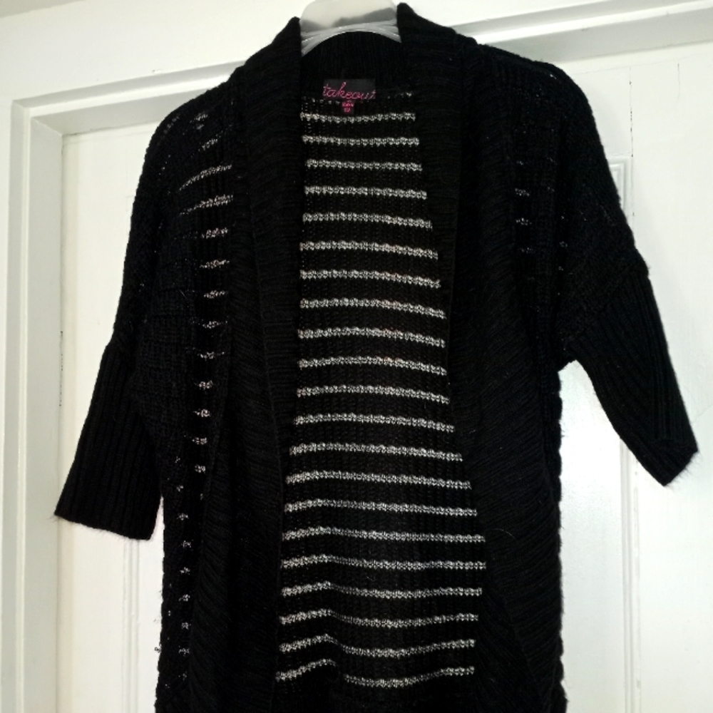 Woman's , open front, sheer, 1/4 sleeve, black  sweater